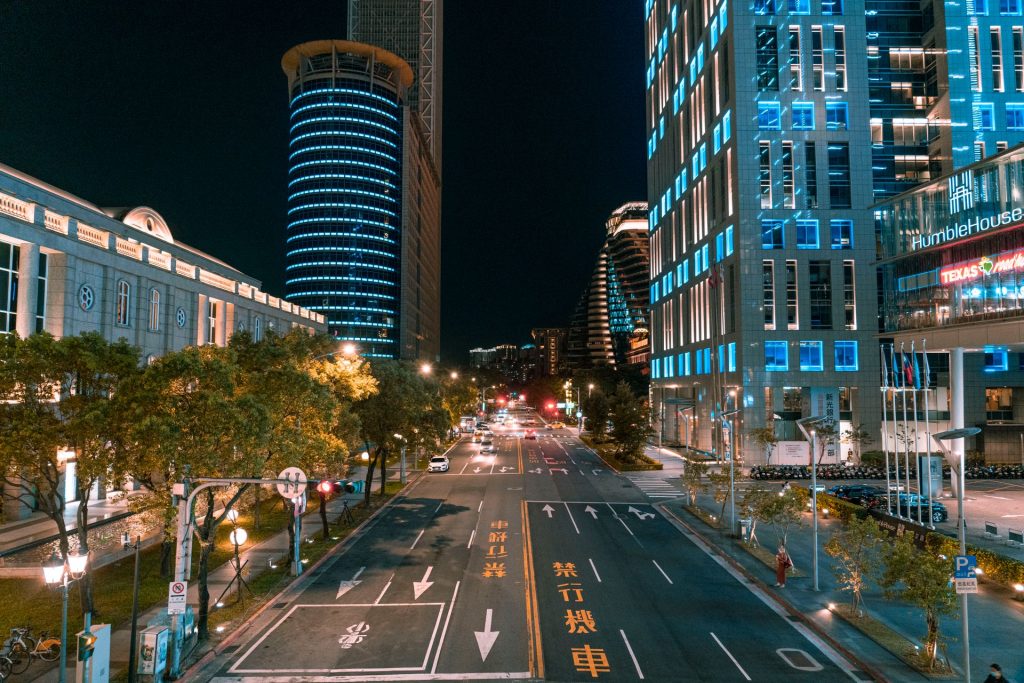 Business district with commercial buildings showing accessibility and visibility for tenants